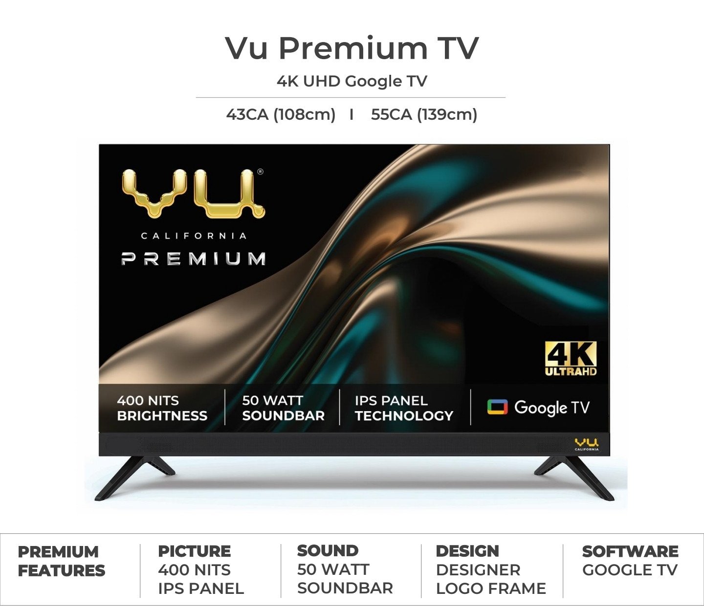 Vu Premium TV 55 inch (108cm) I The Masterpiece Glo 4k Ultra HD | Smart Android QLED TV